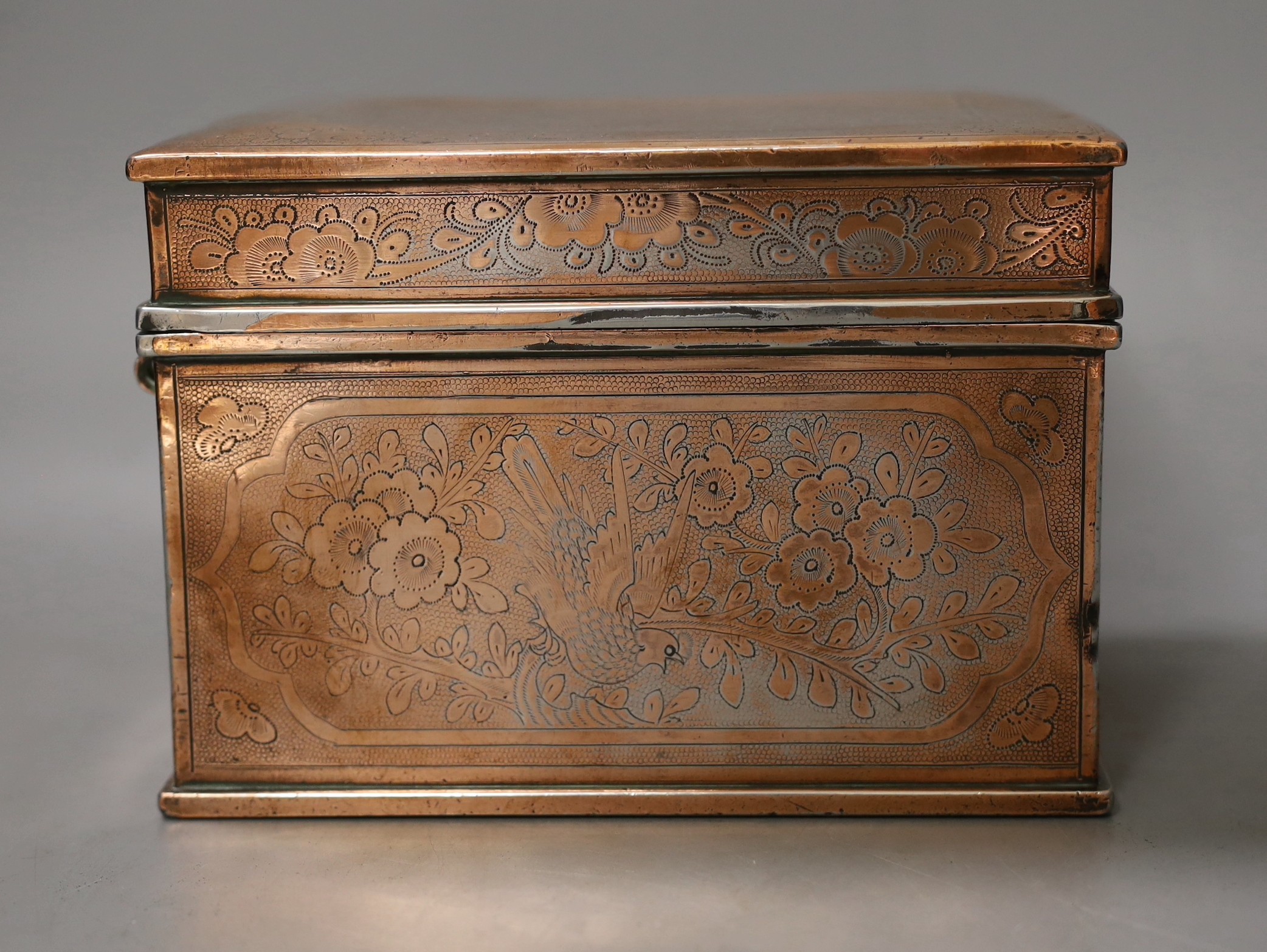 An Indo-Persian engraved copper plated tea caddy and Chinese soapstone bowl on stand. Diameter of bowl 20.5cm